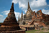 Ayutthaya, Thailand. Wat Phra Si Sanphet, the three chedi with on the east  the ruins of a square mondop (pavilion). 